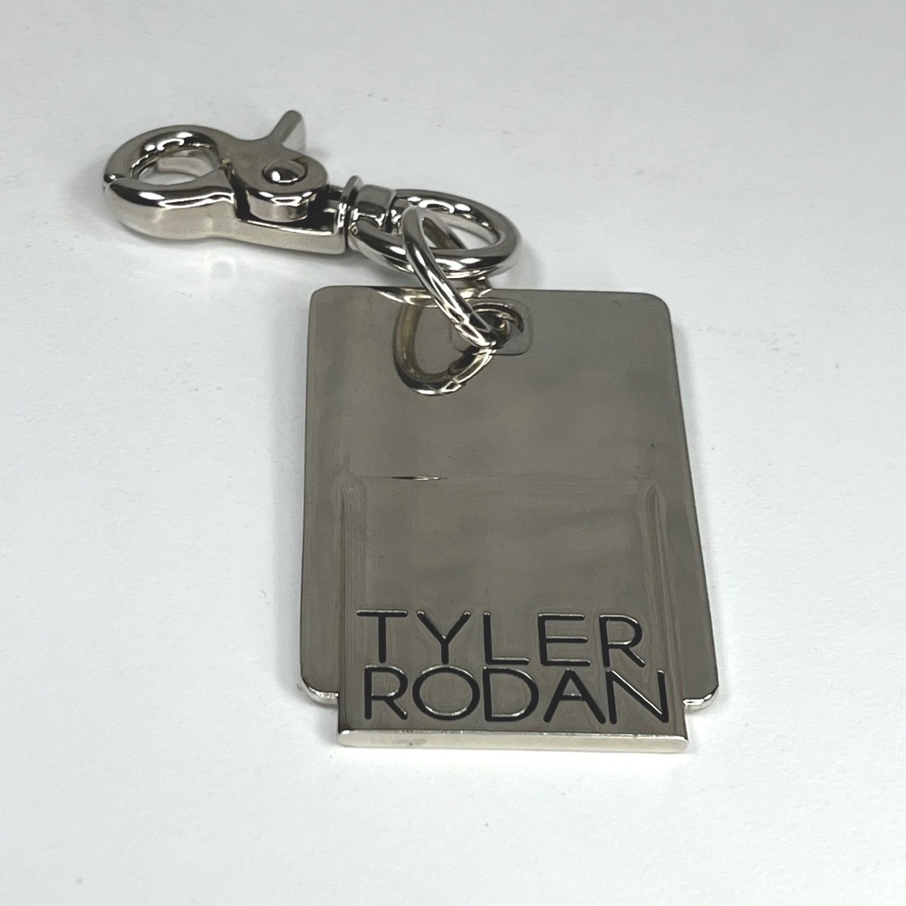 Tyler Rodan Purse Charm Chrome Metal Logo Bag Tag Rectangle Key Ring Accessory - Picture 2 of 2